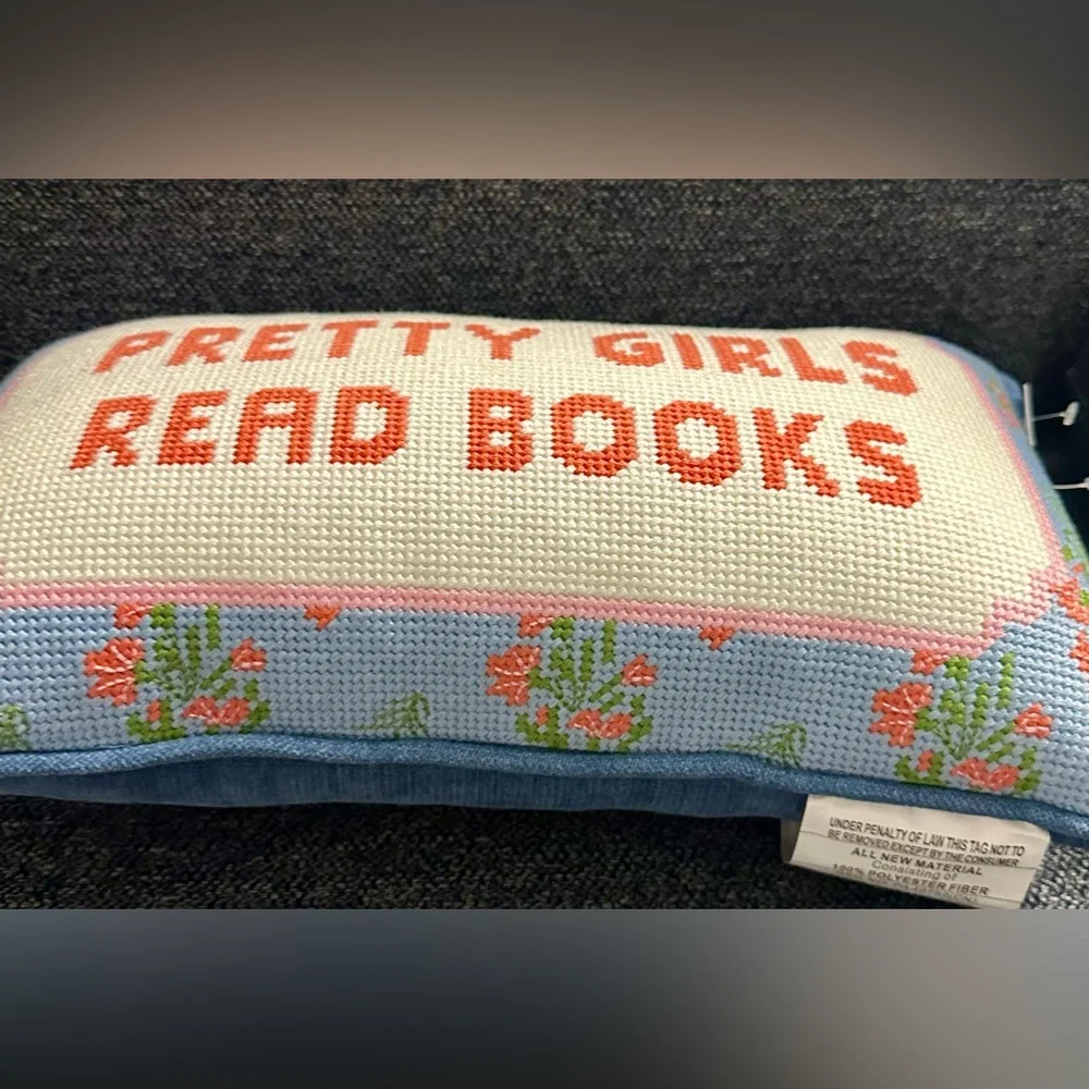Bouffants & Broken hearts “pretty girls read books” needlepoint accent pillow